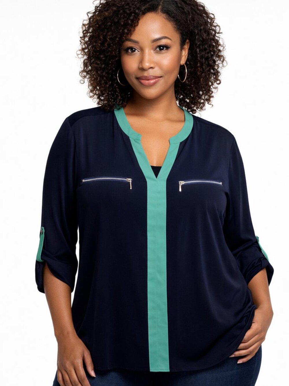 Gaharu Navy Green V‑Neck Zip Accent Roll‑Tab Sleeve Blouse XXL Chic Workwear